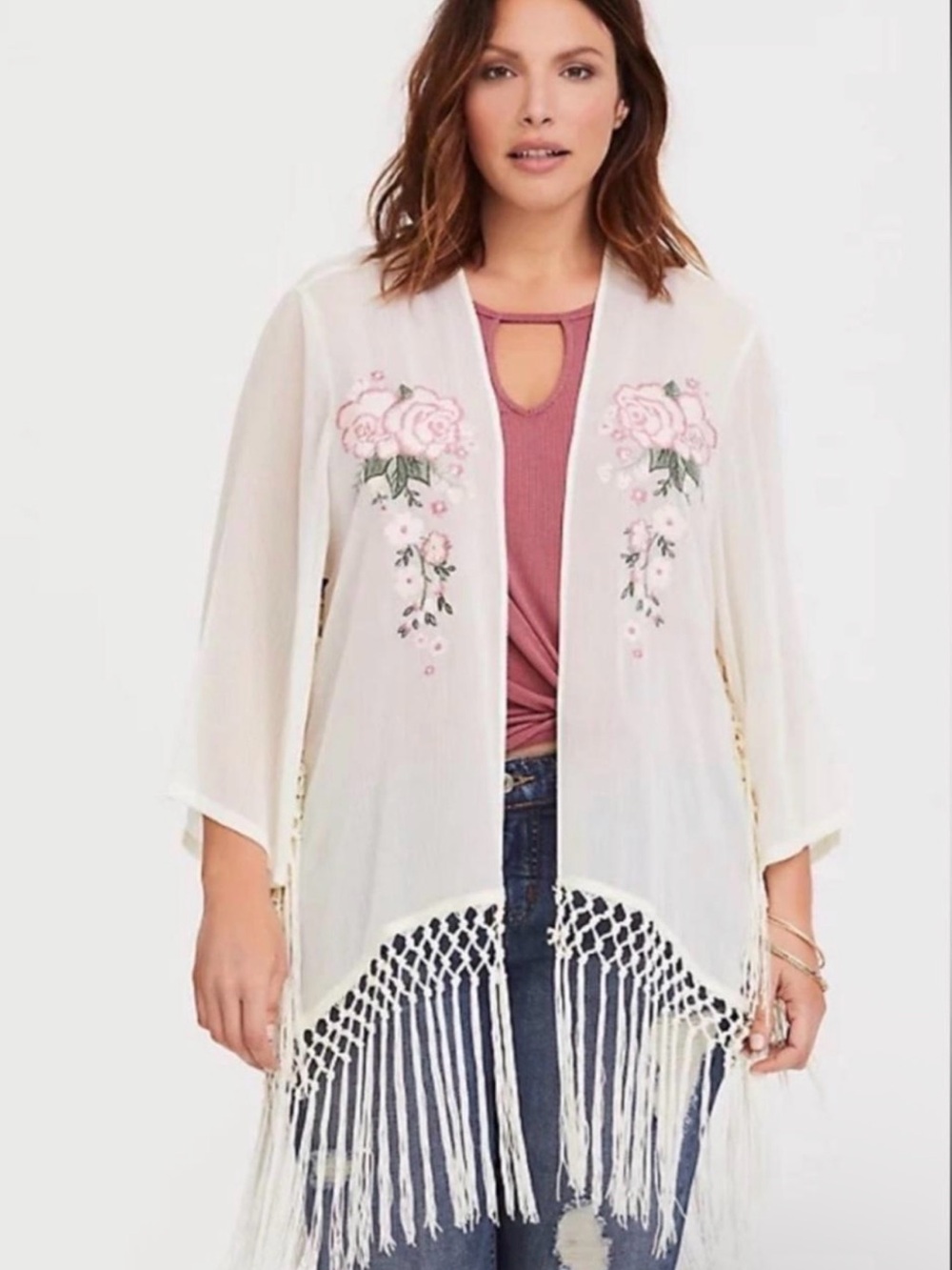 torrid Cream Fringe Kimono with Pink Floral Embroidery